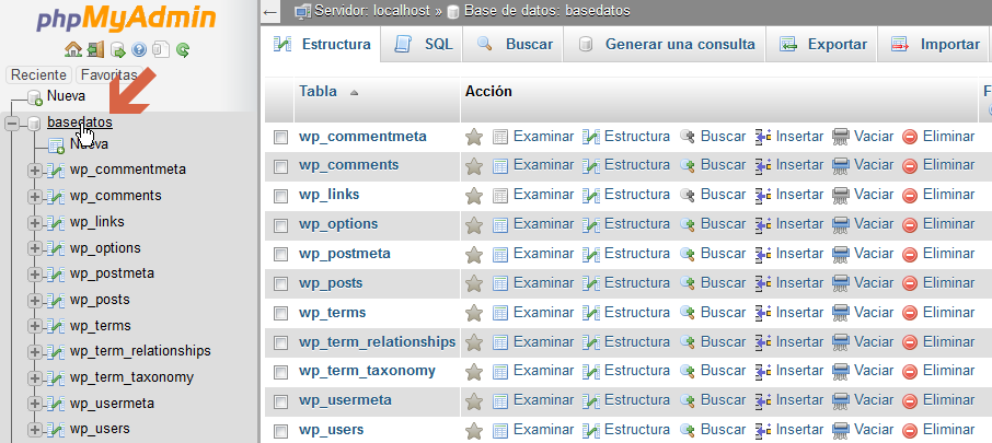 Selección BDD phpMyAdmin